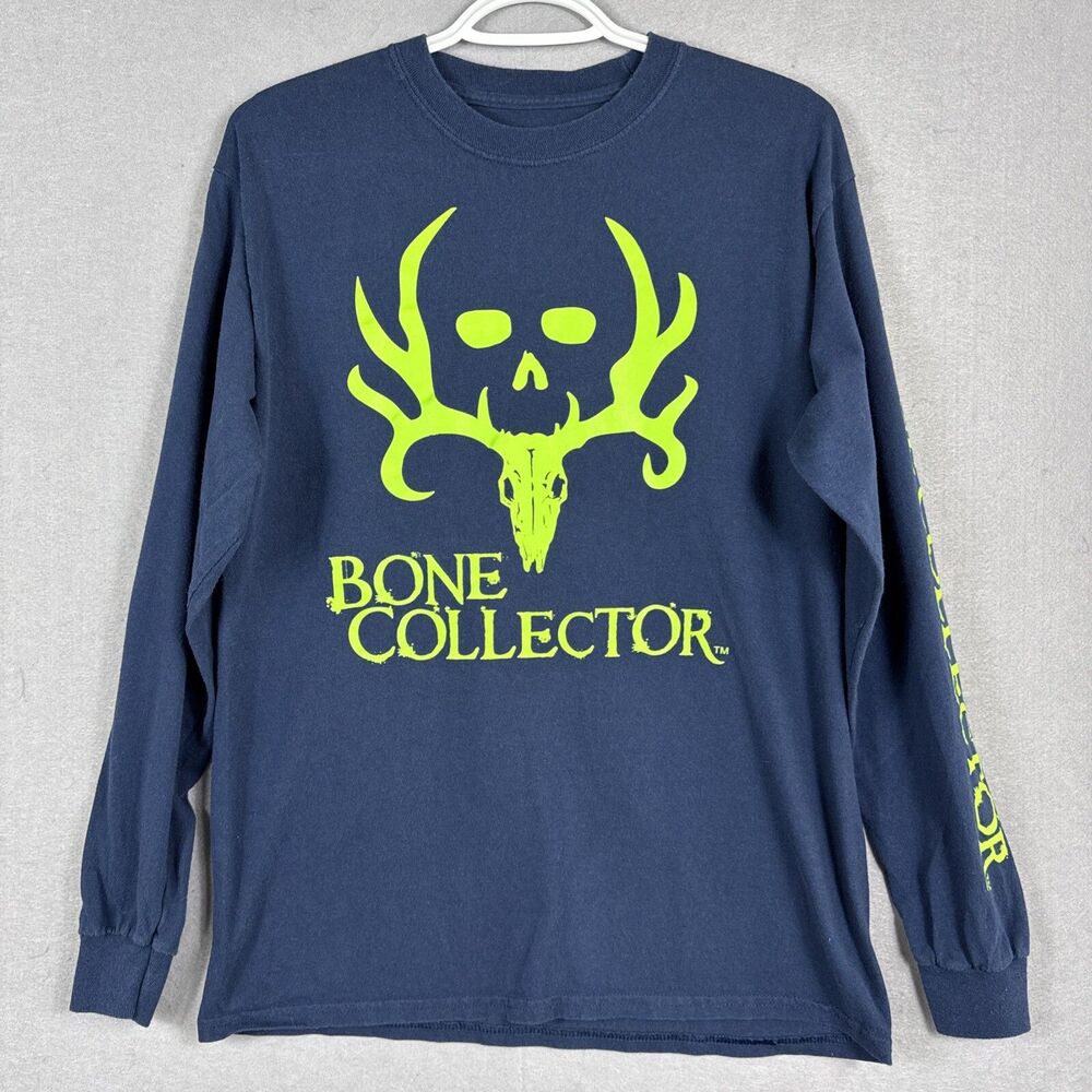 Bone Collector T-Shirt Unisex M Long-Sleeve Navy Blue w/ Neon Green Skull
